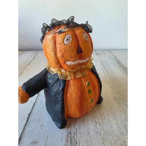 Shabby chic vintage pumpkin paper mache jack-o'-lantern figurine Halloween statu - Picture 5 of 8